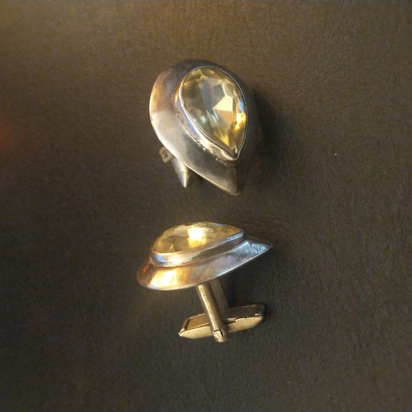 Sterling silver cufflinks w/ yellow stone - Picture 1 of 5